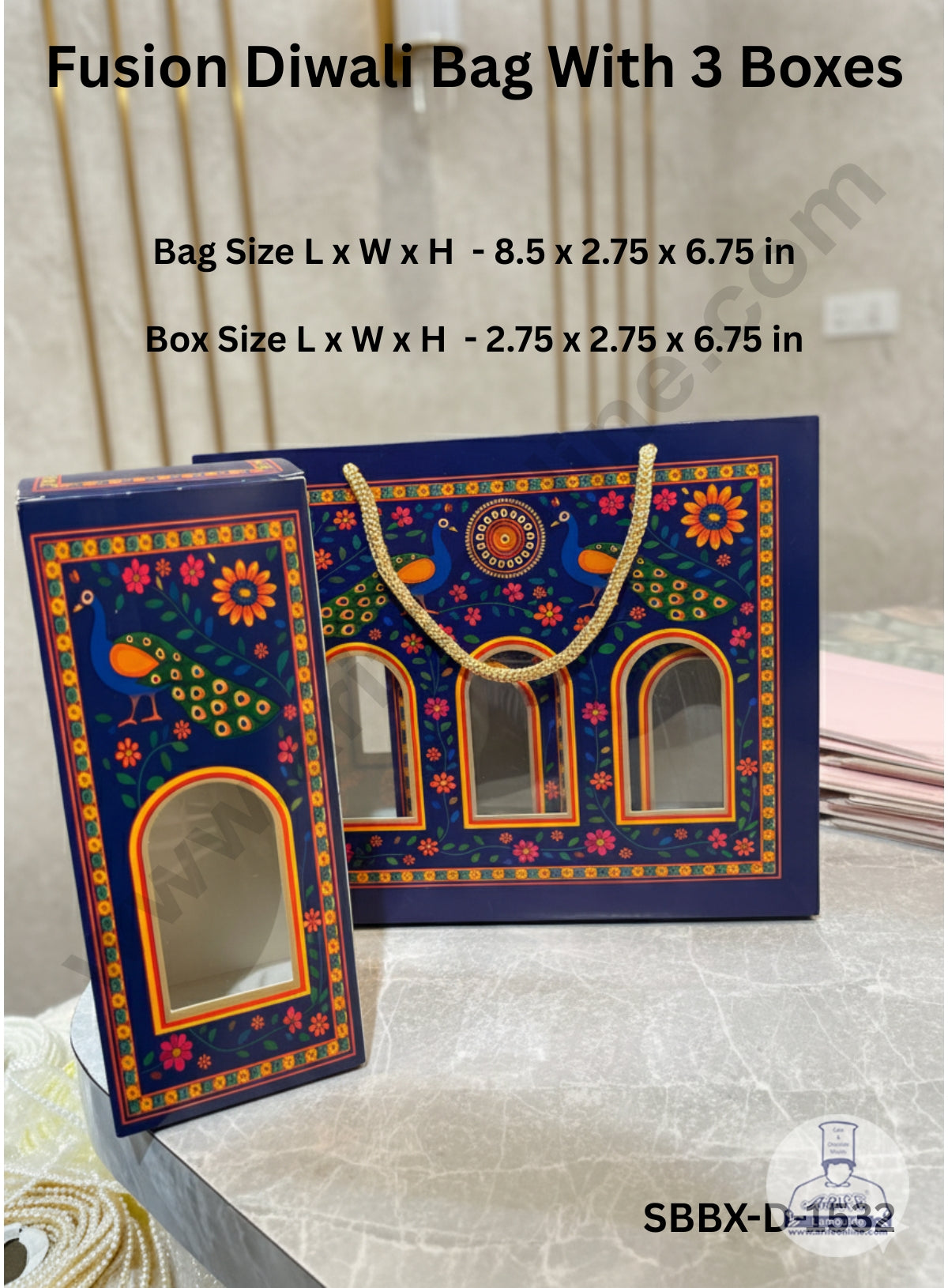 Fusion Diwali Bag Ribbon Handle With 3 Goodie Boxes Inside Foldable