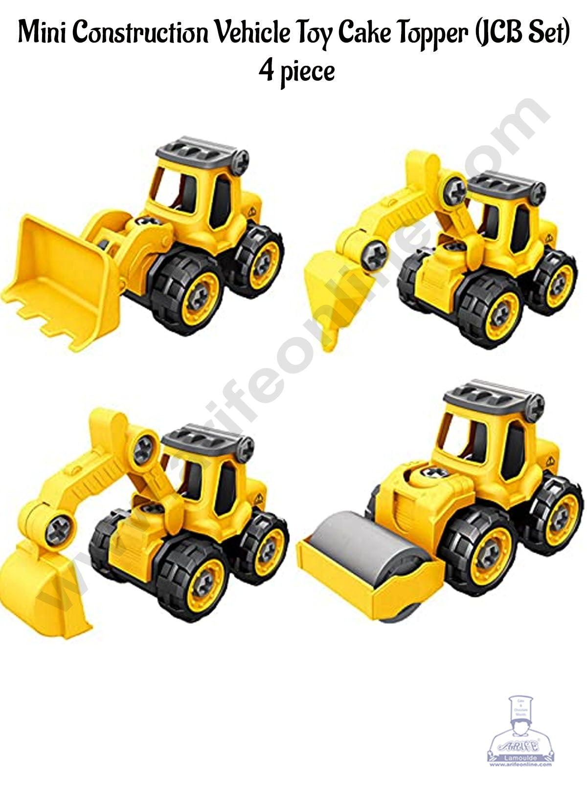 CAKE DECOR™ Mini Construction Vehicle Toy Cake Topper (JCB Set) - 4 Pcs