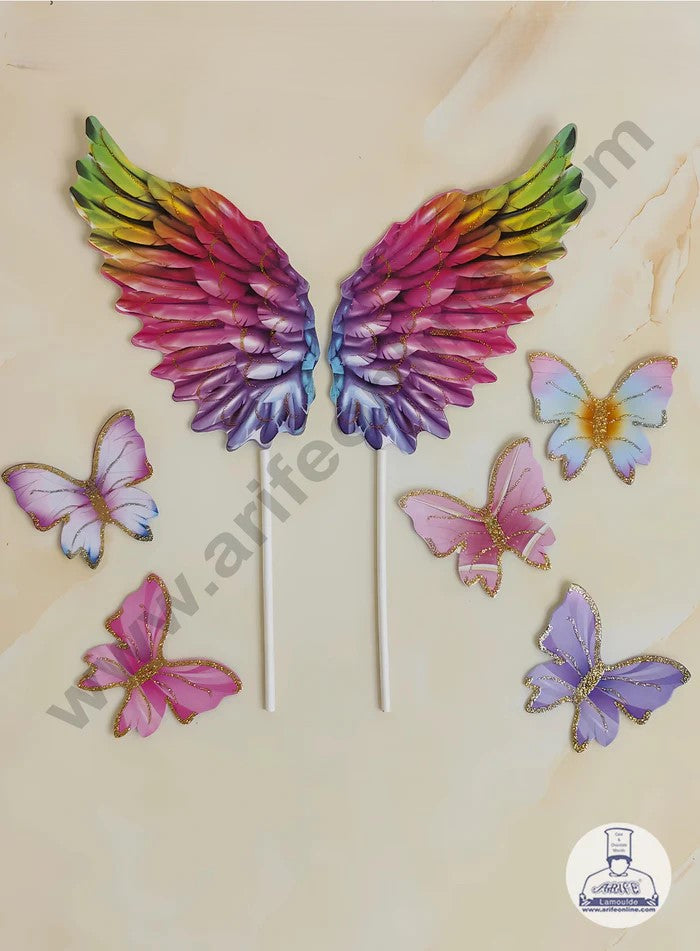 CAKE DECOR™ 6 pc Multi Wings Tag with Multi Colour Glitter Butterfly Paper Topper For Cake And Cupcake