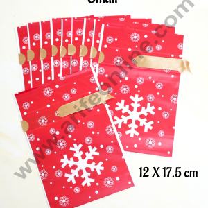 Cake Decor β’Small Red Color Christmas Theme Cookie pouch Plastic Drawstring Bag Treat With Ribbon | Design - 03 | Pack of 10 | (12cm X 17.5cm)