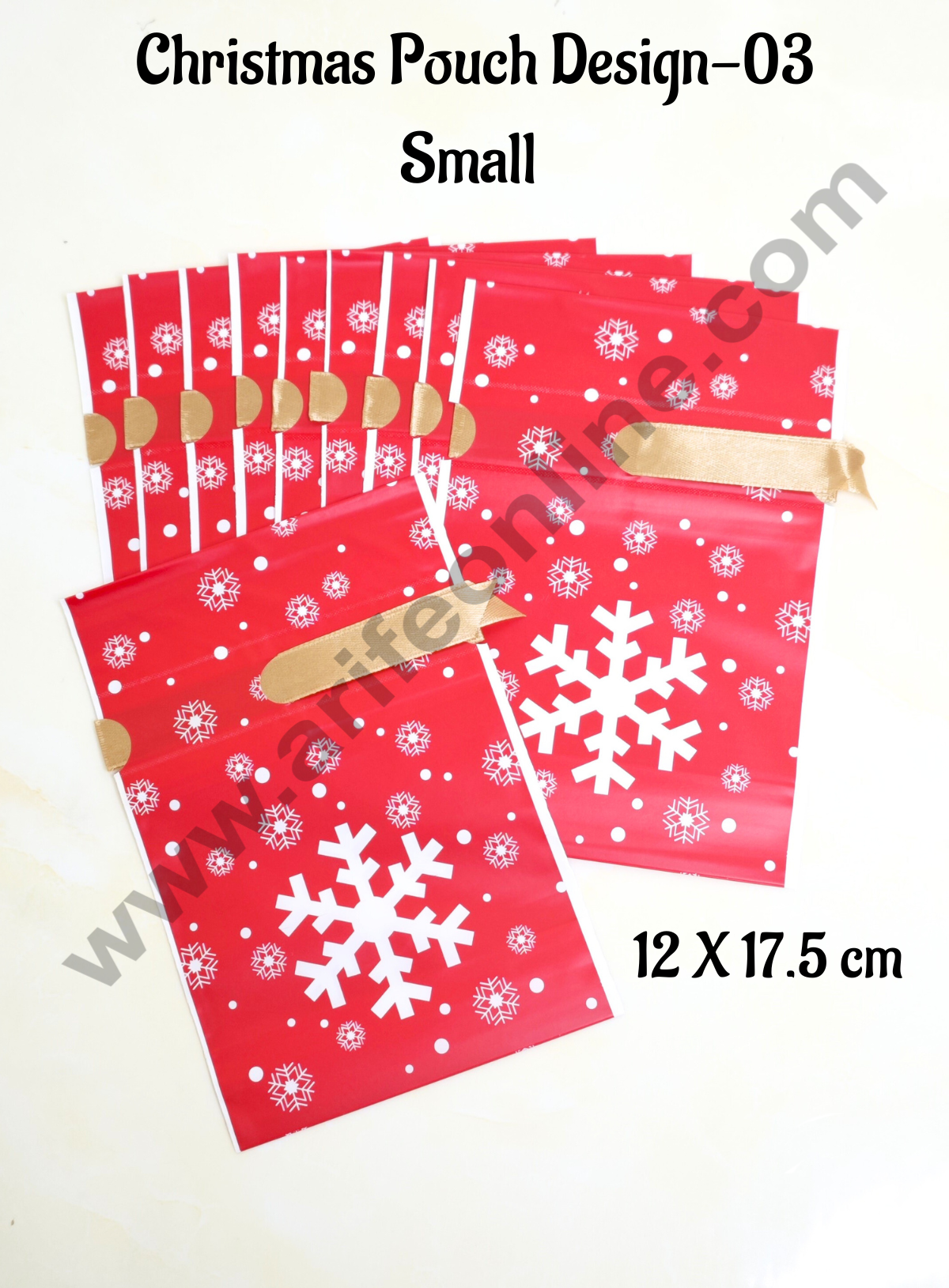 Cake Decor ™Small Red Color Christmas Theme Cookie pouch Plastic Drawstring Bag Treat With Ribbon | Design - 03 | Pack of 10 | (12cm X 17.5cm)