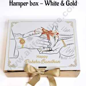 Happy Raksha Bandhan Foil Print Ribbon Hamper box - (1 Pc) White & Gold - CAKE DECORβ’