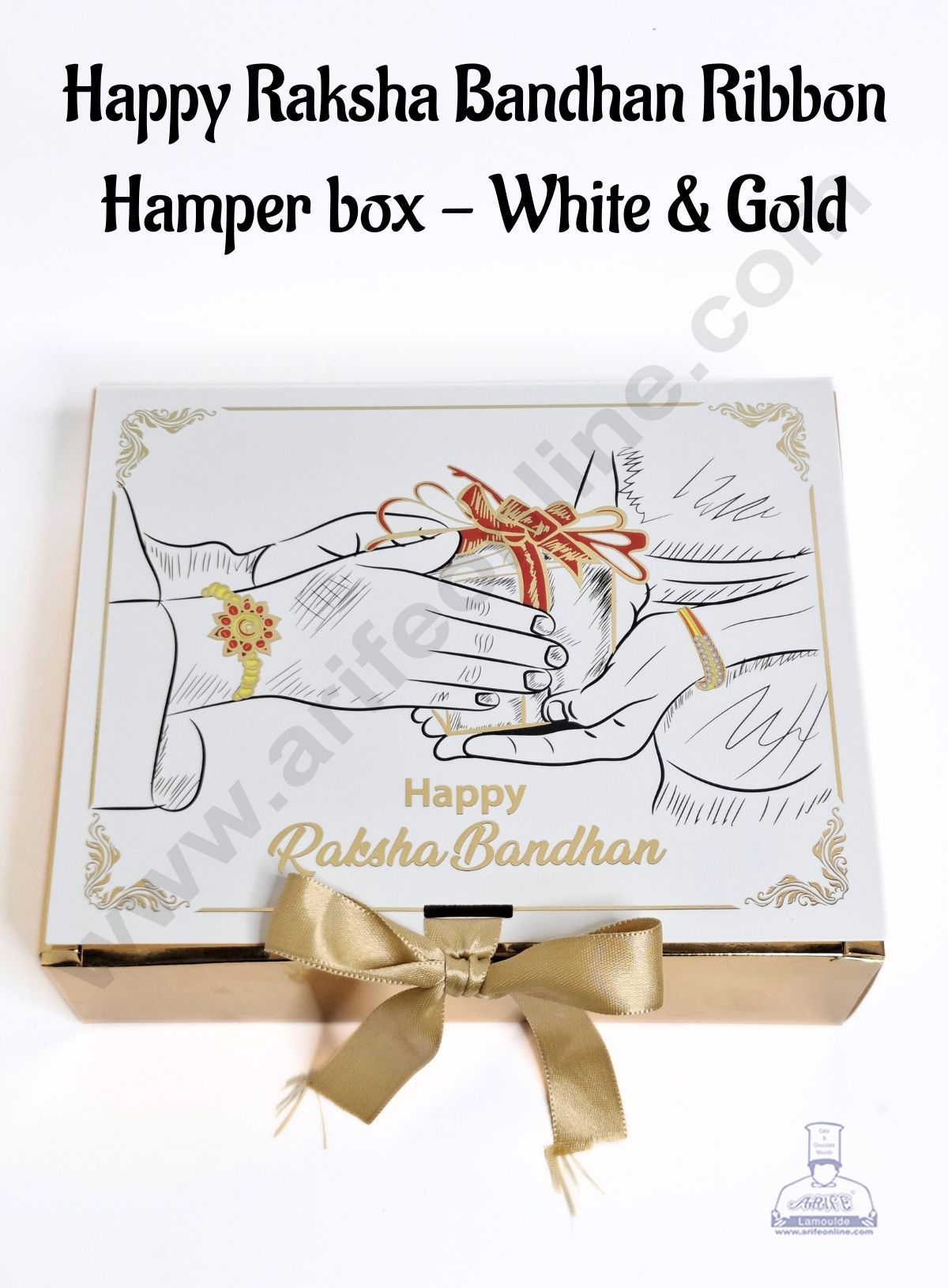 Happy Raksha Bandhan Foil Print Ribbon Hamper box - (1 Pc) White & Gold - CAKE DECOR™