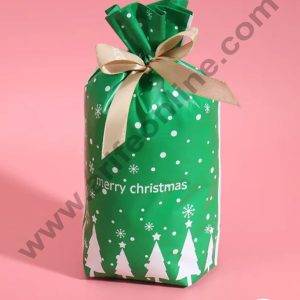 Cake Decor ™ Small Green Color Christmas Theme Cookie pouch Plastic Drawstring Bag Treat With Ribbon | Design - 09 | Pack of 10 | (12cm X 17.5cm)Small