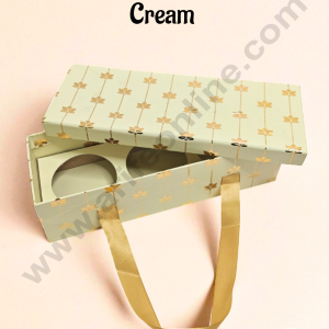 Cream 3 Jar Cavity Hamper Box with Gold Lotus Design & Ribbon Handle | 34 X 12 X 9 cm | 1 pc - CAKE DECOR™