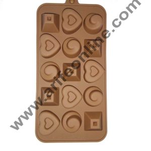 Cake Decor 15-Cavity Mix Hearts,Circle and Blocks Shape Silicone Brown chocolate Moulds