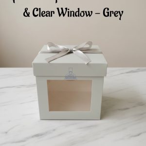 Square Hamper Box With Ribbon & Clear Window - Grey | 15 x 15 x 15 cm | 1 Piece - CAKE DECORβ’