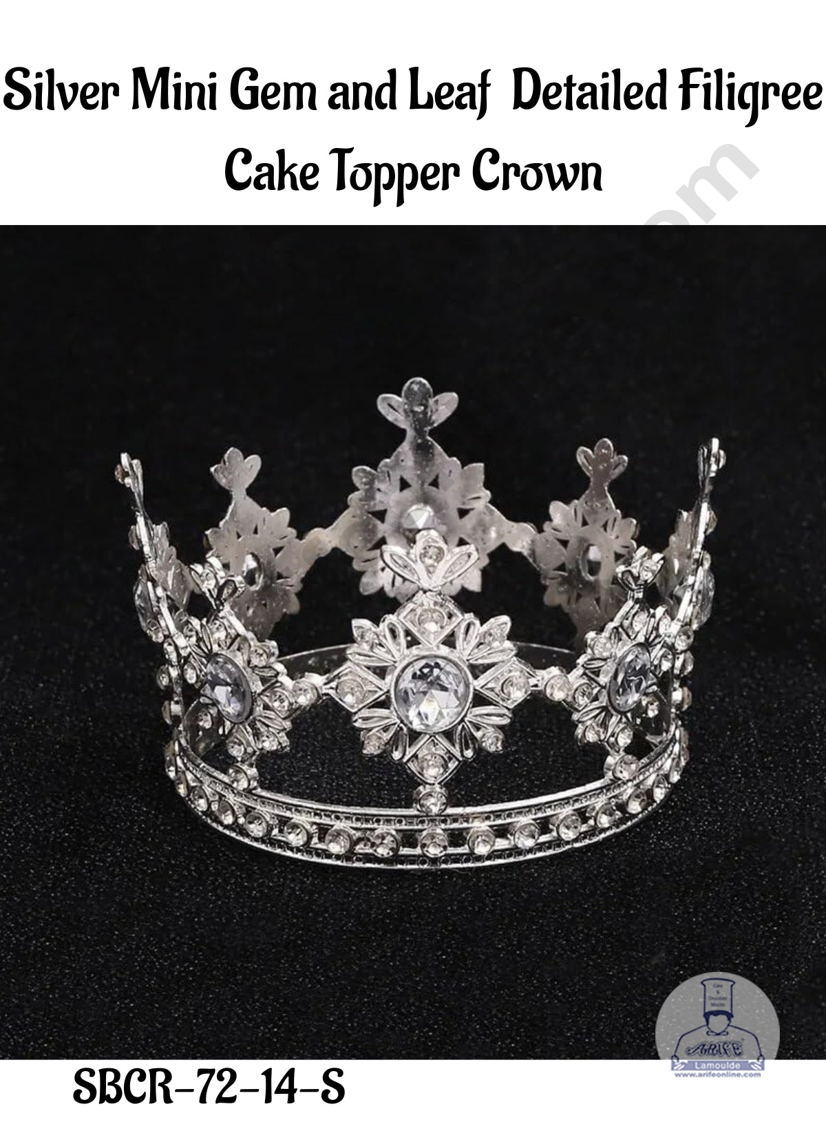 CAKE DECORβ’ Silver Mini Gem and Leaf Detailed Filigree Cake Topper Crown - SBCR-72-14-S