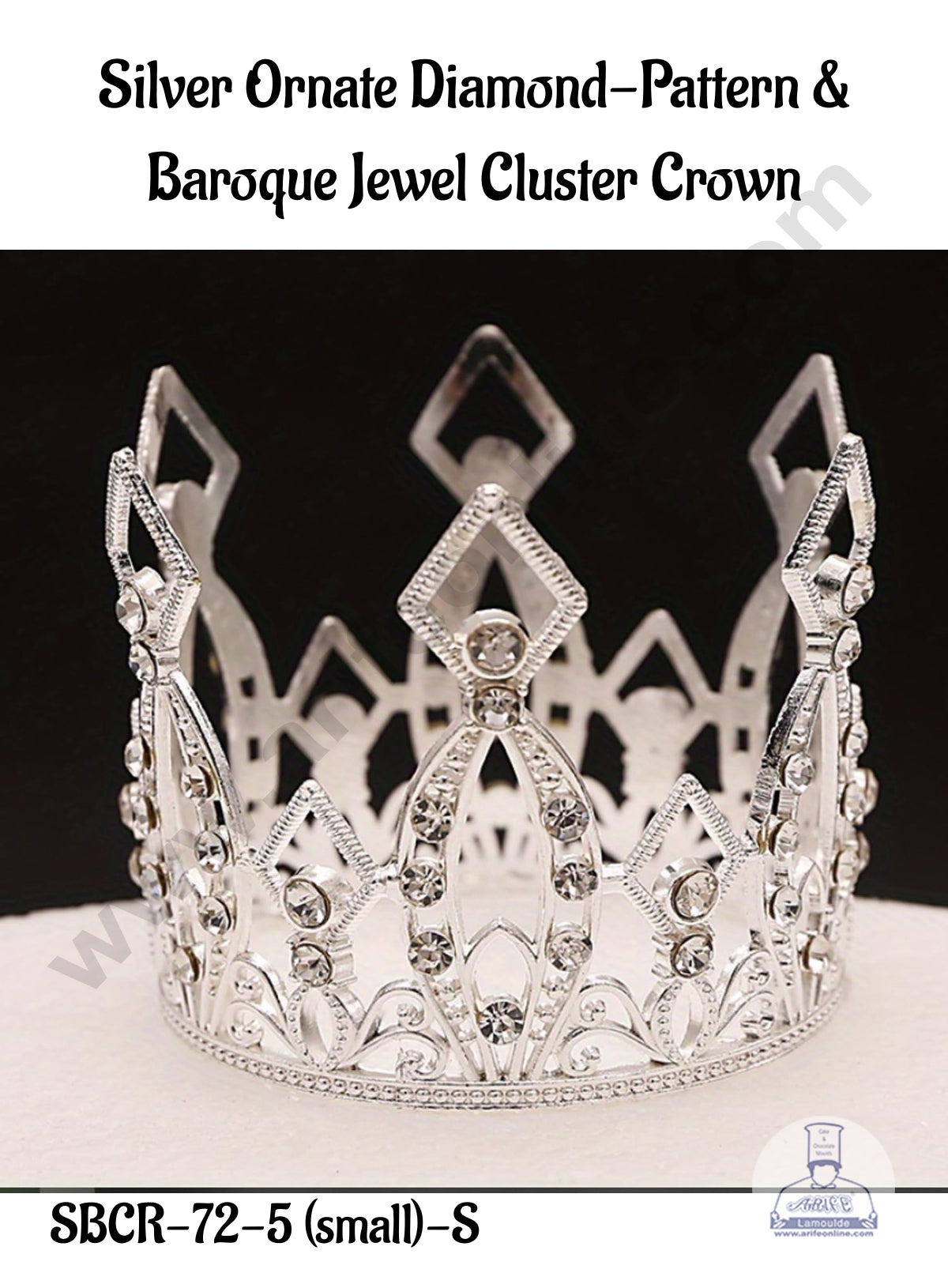 CAKE DECOR™ Silver Ornate Diamond-Pattern & Baroque Jewel Cluster Crown - SBCR-72-5 (small)-S
