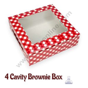 CAKE DECOR™ Red & White Checks Design 4 Cavity Brownie Box with Clear Window, Brownie Carriers ( 10 Pcs Pack )