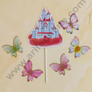 CAKE DECOR™ 6 pcs Castle Tag with Multi Colour Glitter Butterfly Paper Topper For Cake And Cupcake