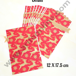 Cake Decor β’Small Red Color Christmas Theme Cookie pouch Plastic Drawstring Bag Treat With Ribbon | Design - 04 | Pack of 10 | (12cm X 17.5cm)