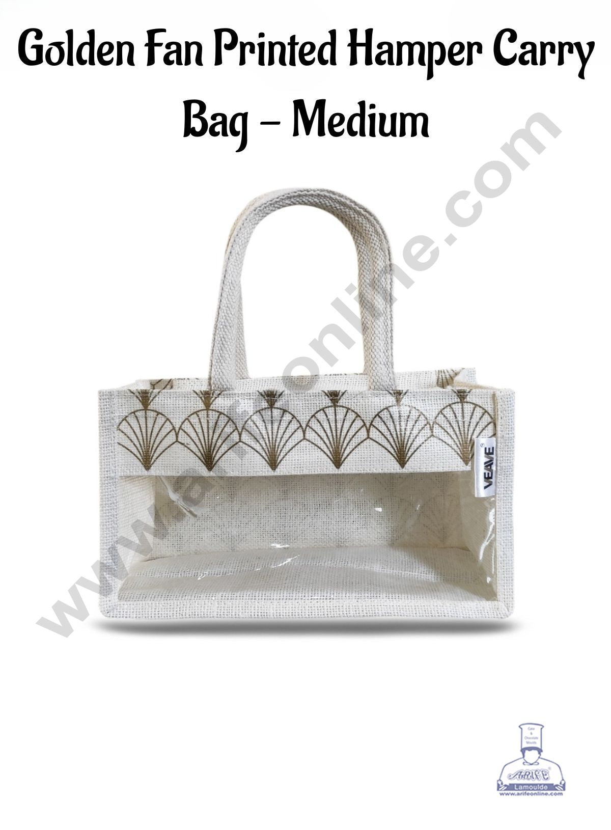 Golden Fan Printed With Transparent Front Jute Hamper Carry Bag - Medium - CAKE DECOR™