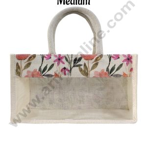 Floral Printed With Transparent Front Jute Hamper Carry Bag - Medium - CAKE DECORβ’