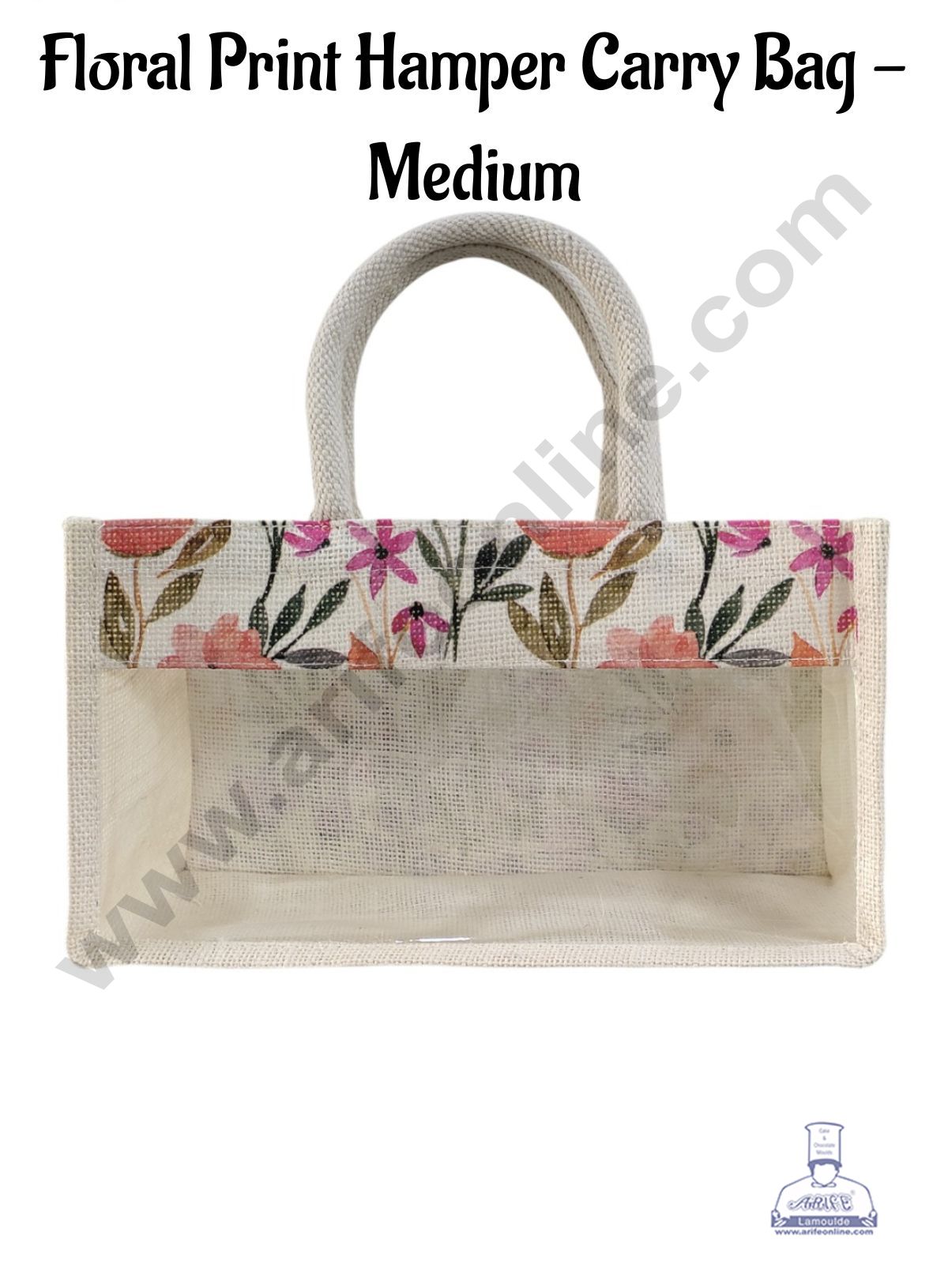 Floral Printed With Transparent Front Jute Hamper Carry Bag - Medium - CAKE DECOR™