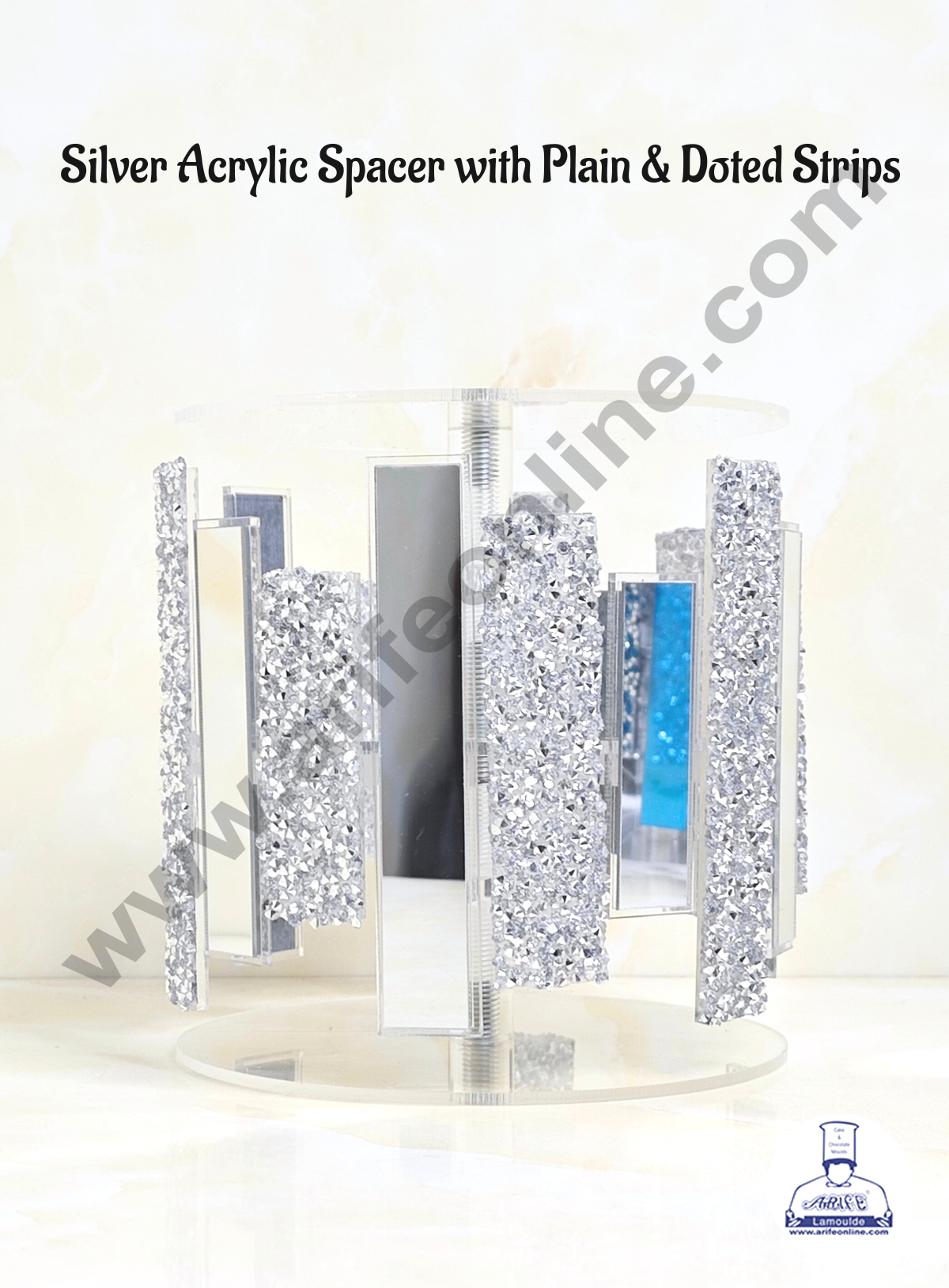 CAKE DECORβ’ Silver Acrylic Spacer with Plain & Doted Strips Cake Spacer For Cake And Cupcake Decoration - 6 X 6 inch