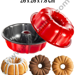 CAKE DECOR™ Large Non-Stick Bundt Cake Mould with Stylish Red Coating - 26 x 26 x 7.8 Cm