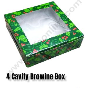 CAKE DECOR™ Christmas Theme 4 Cavity Brownie Boxes with Clear Window , Brownie Carriers – Christmas Theme 5 ( 10 Pcs Pack )