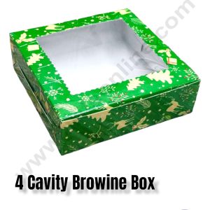CAKE DECOR™ Christmas Theme 4 Cavity Brownie Boxes with Clear Window , Brownie Carriers – Christmas Theme 6 ( 10 Pcs Pack )