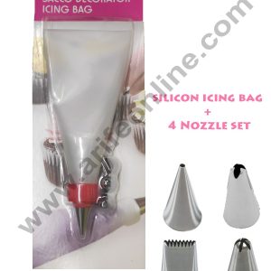 Cake Decor Silicon Decorating Icing Bag with 4-Piece Nozzles Set Stainless Steel Piping Nozzle. Reusable & Washable.