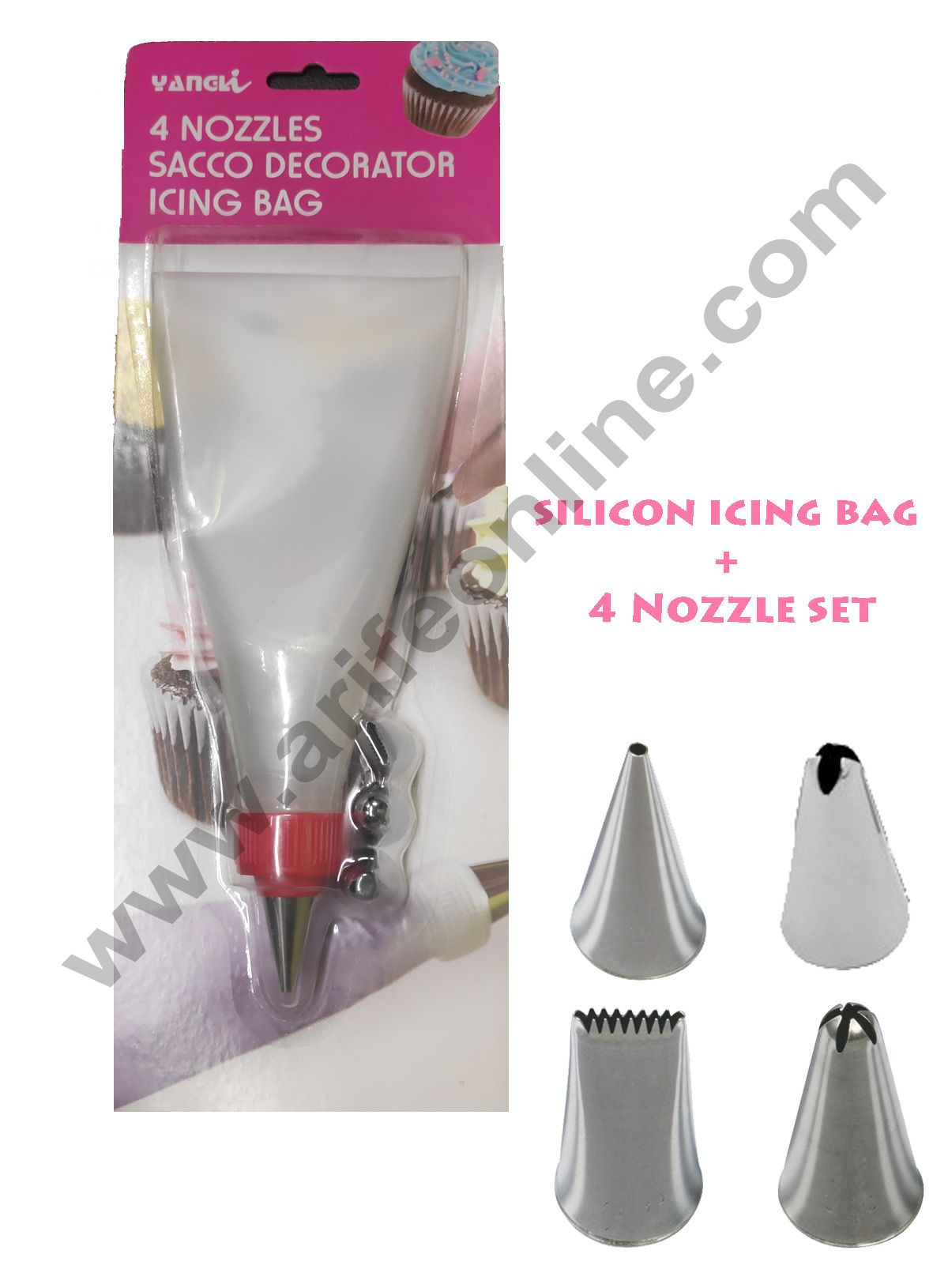 Cake Decor Silicon Decorating Icing Bag with 4-Piece Nozzles Set Stainless Steel Piping Nozzle. Reusable & Washable.
