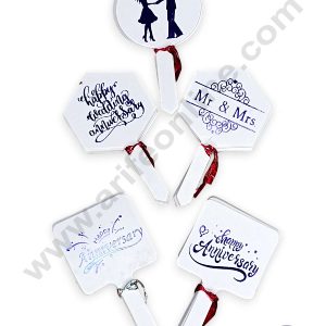 CAKE DECOR™ 50 pcs Happy Anniversary Tag Blue Foil Mix Design Paper Topper For Cake And Cupcake