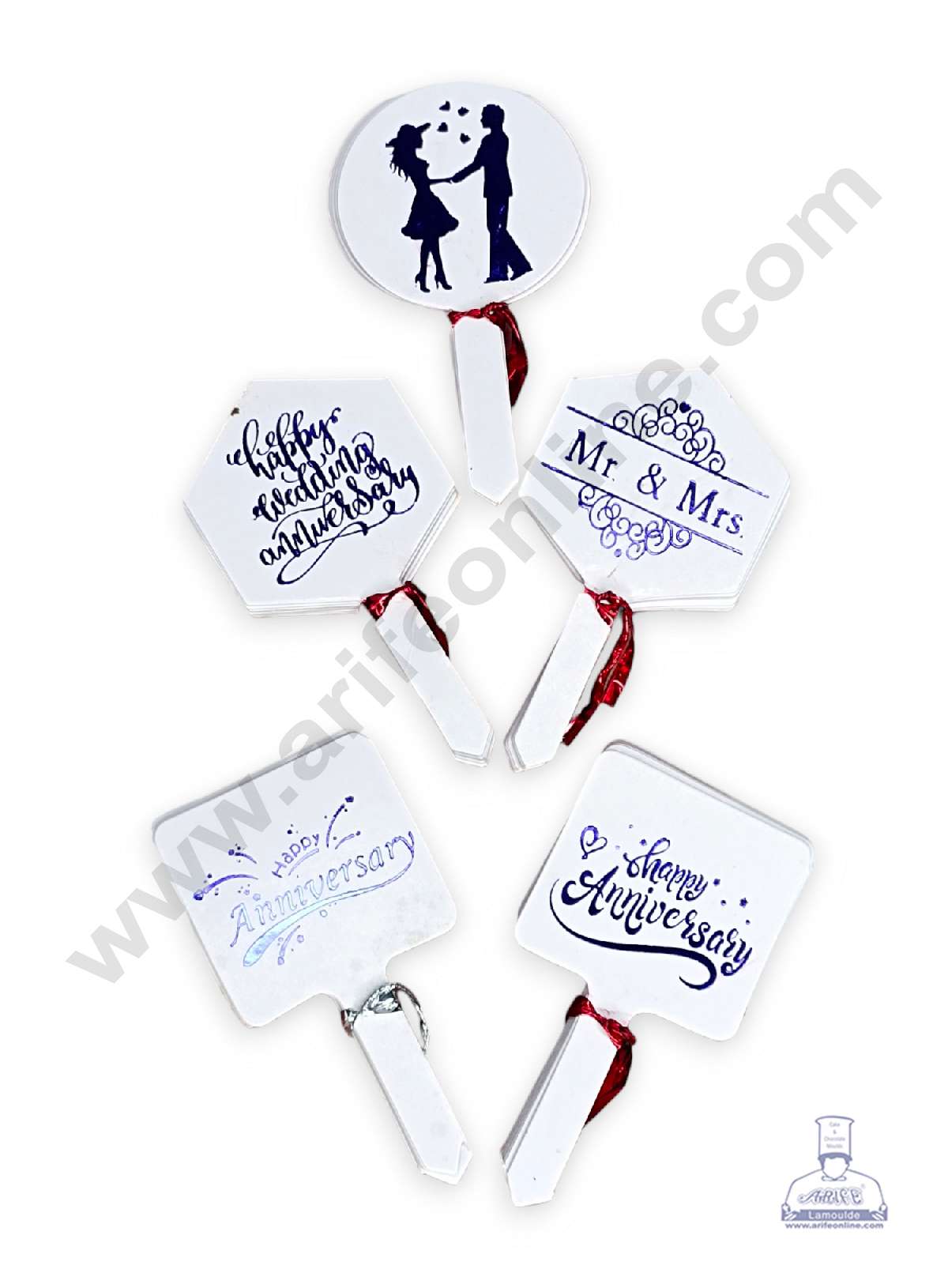 CAKE DECOR™ 50 pcs Happy Anniversary Tag Blue Foil Mix Design Paper Topper For Cake And Cupcake