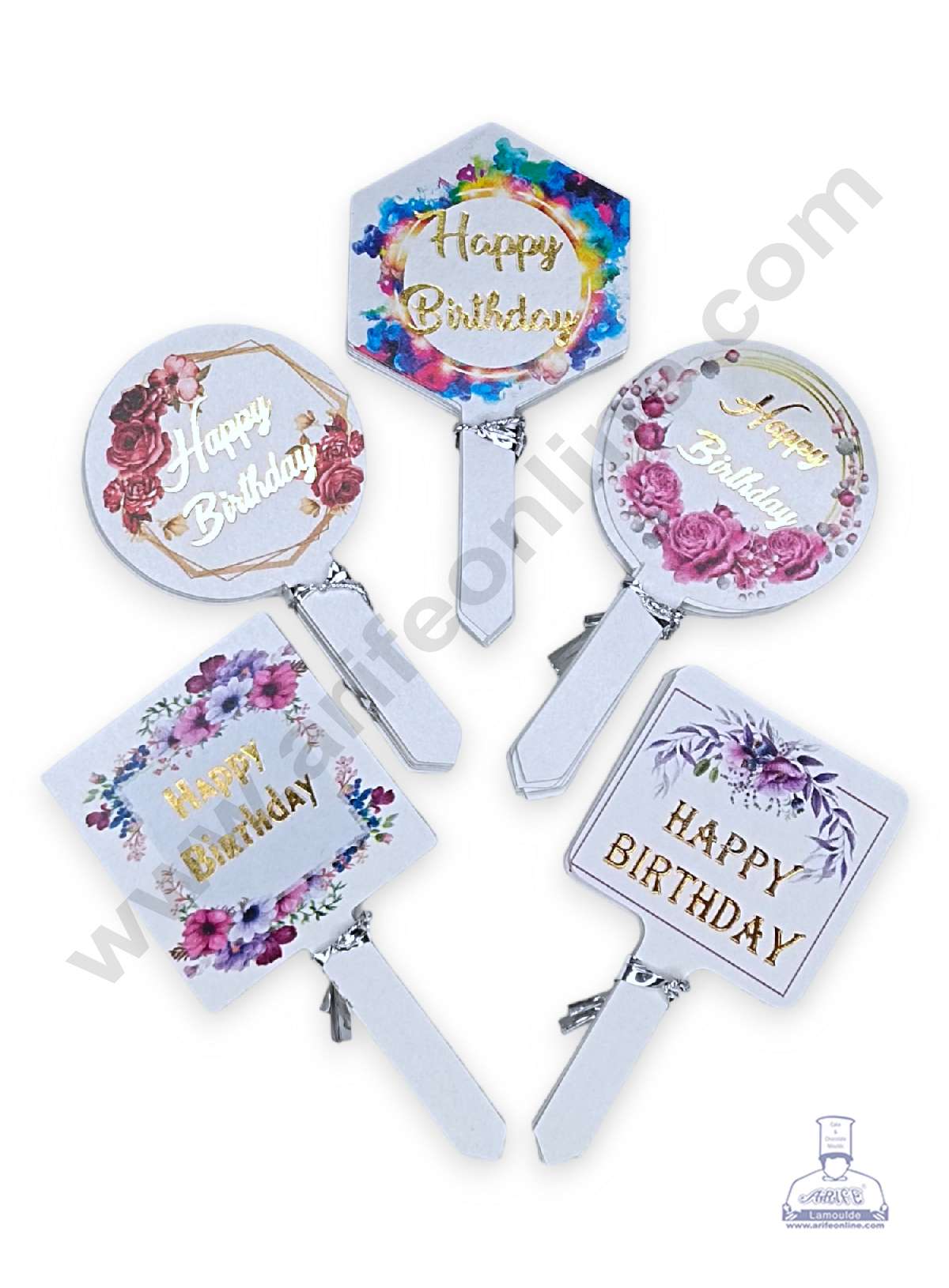 CAKE DECOR™ 50 pcs Happy Birthday Tag Mix Designs Paper Topper For Cake And Cupcake