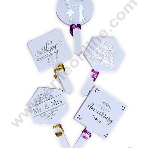 CAKE DECOR™ 50 pcs Happy Anniversary Tag Silver Foil Mix Design Paper Topper For Cake And Cupcake
