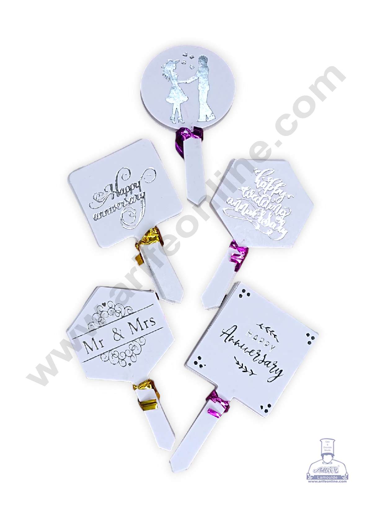 CAKE DECOR™ 50 pcs Happy Anniversary Tag Silver Foil Mix Design Paper Topper For Cake And Cupcake