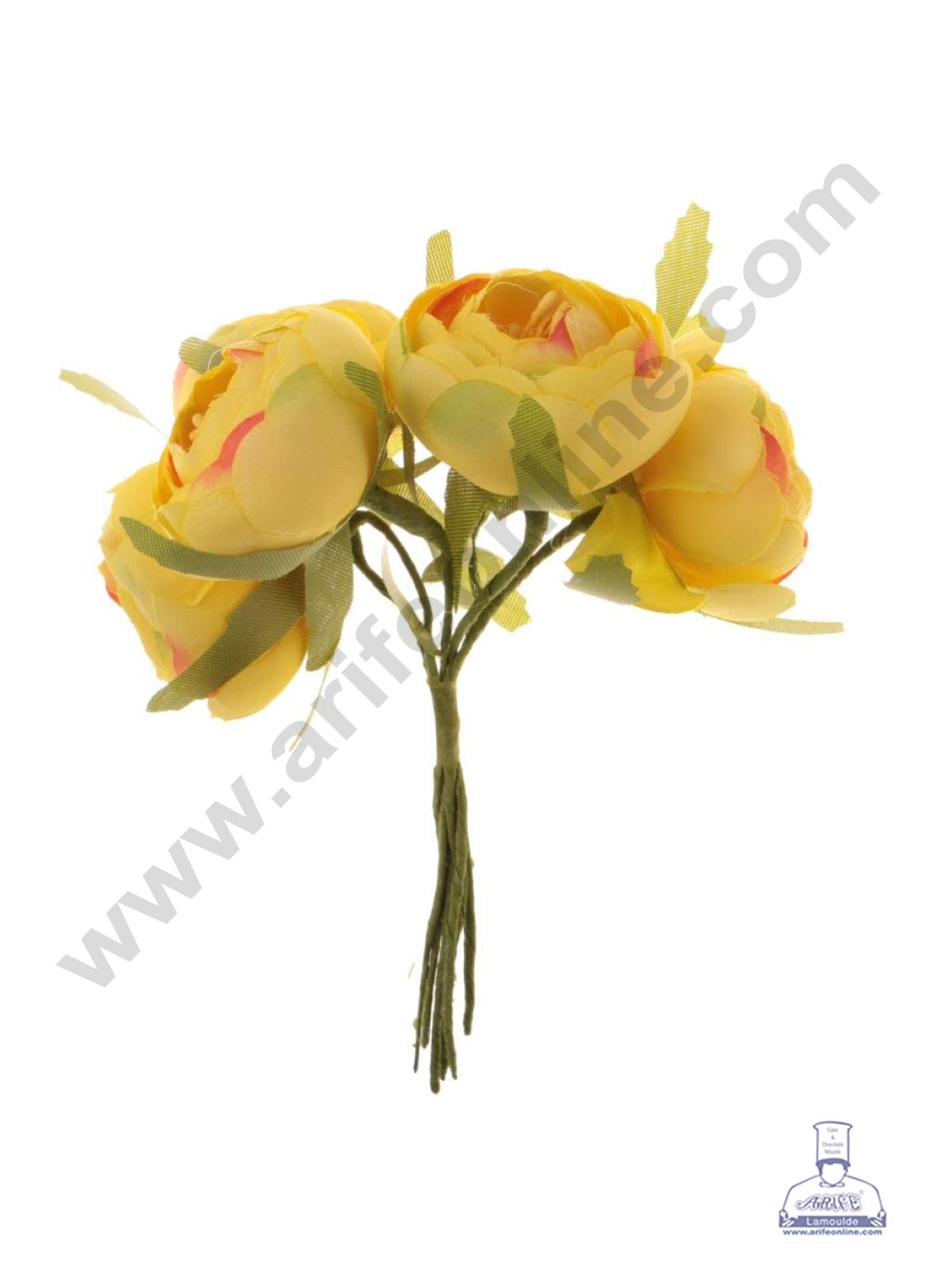 CAKE DECOR™ Small Peony Artificial Flower Bunch For Cake Decoration – Yellow ( 6 pc pack )