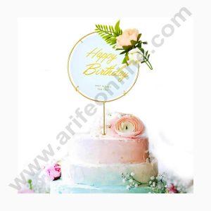 Cake Decor Round 8.5 Inch Shiny Metal Happy Birthday Cake Topper With Artificial Flowers Cake Decorating
