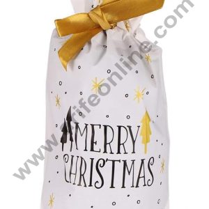 Cake Decor ™ Big White Color Christmas Theme Cookie pouch Plastic Drawstring Bag Treat With Ribbon | Design - 04  | Pack of 10 | (23cm X 15cm)
