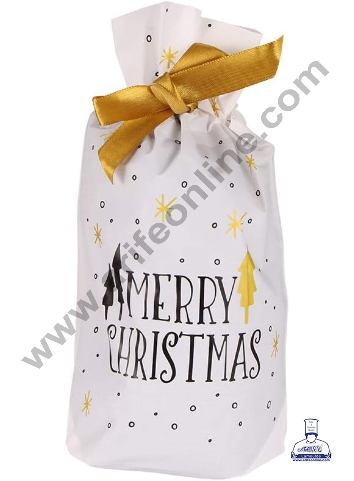 Cake Decor β’ Big White Color Christmas Theme Cookie pouch Plastic Drawstring Bag Treat With Ribbon | Design - 04 | Pack of 10 | (23cm X 15cm)