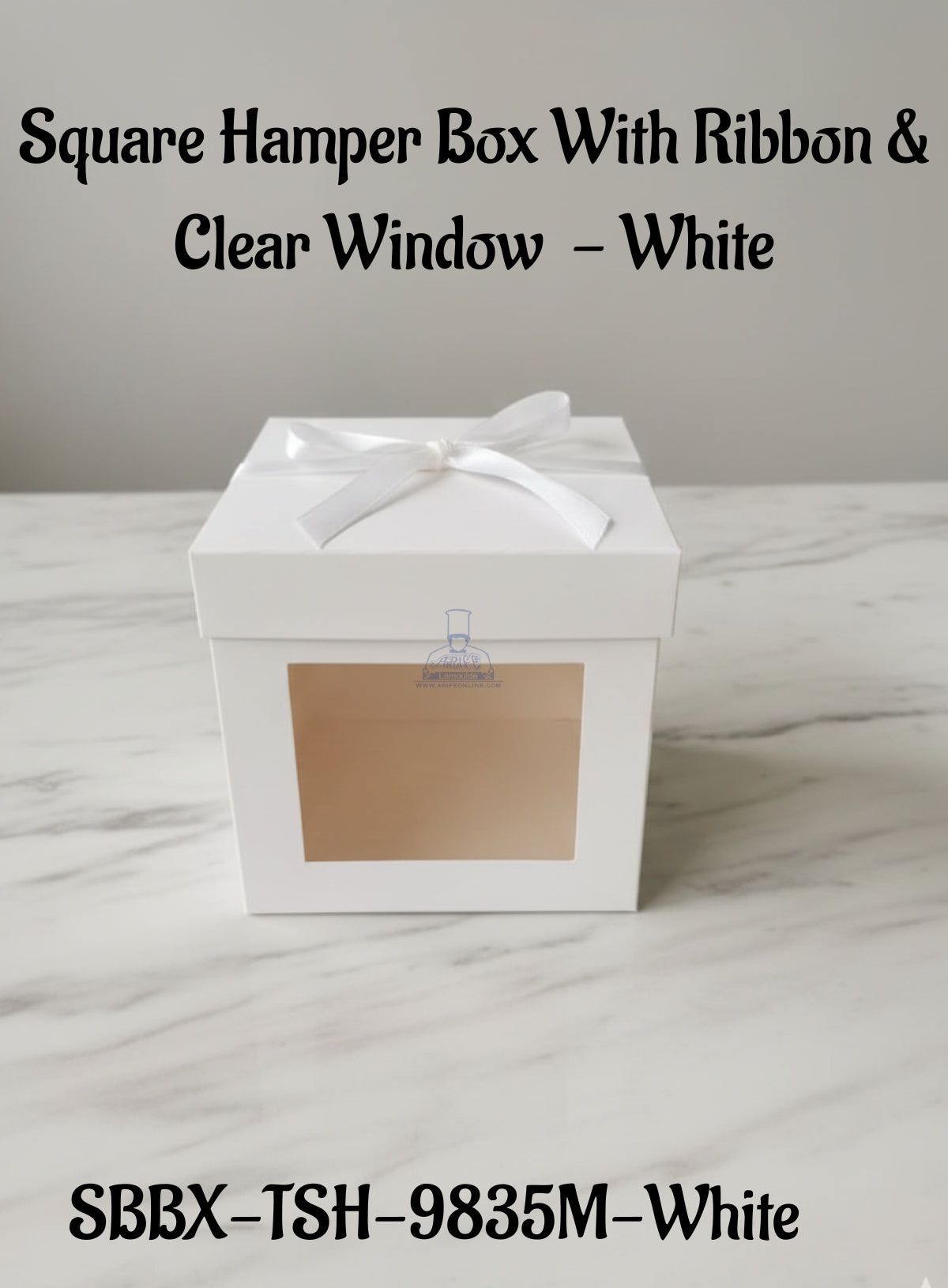Square Hamper Box With Ribbon & Clear Window - White | 15 x 15 x 15 cm | 1 Piece - CAKE DECOR™