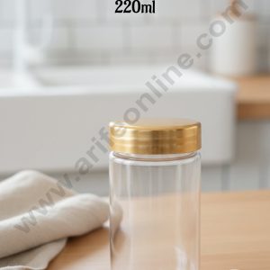 CAKE DECOR™  Clear Plastic Pet Jar with Golden Lid - 1 Piece - 220 ml - SB-PTJ-220