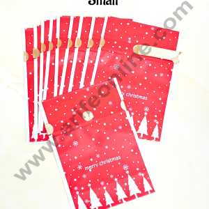 Cake Decor β’ Small Red Color Christmas Theme Cookie pouch Plastic Drawstring Bag Treat With Ribbon | Design - 05 | Pack of 10 | (12cm X 17.5cm)