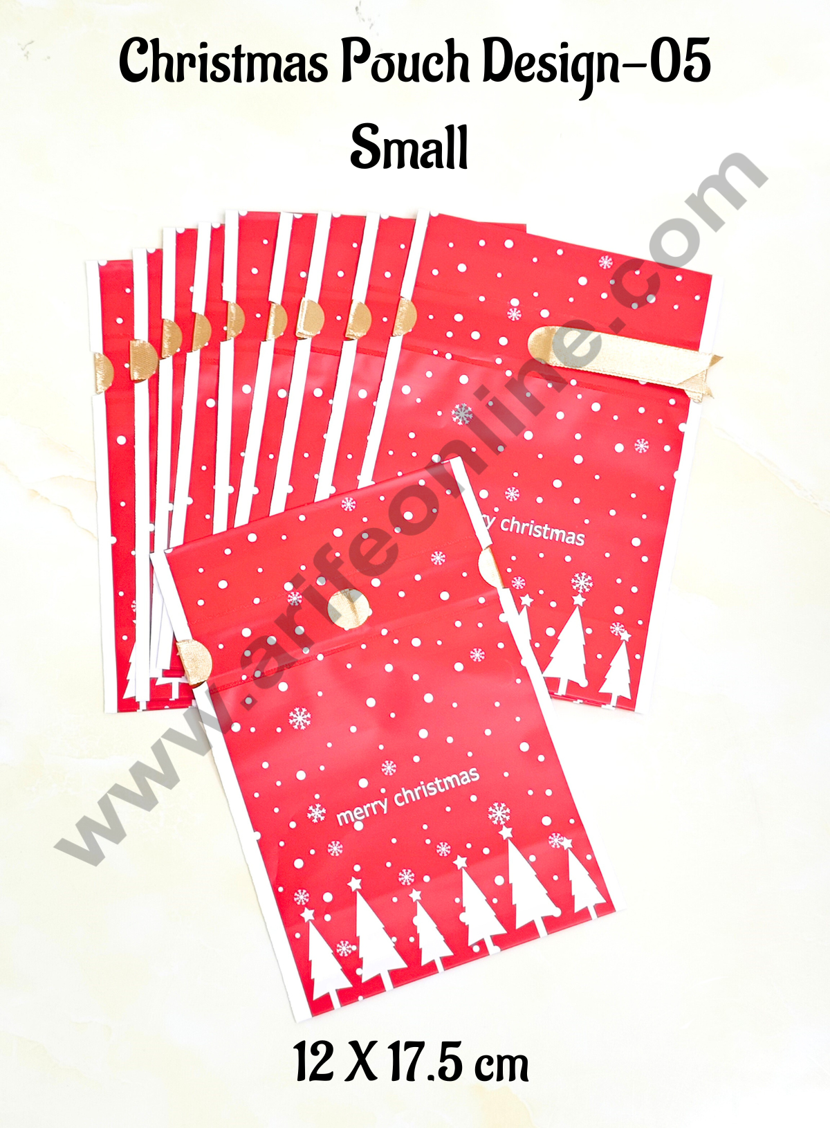 Cake Decor β’ Small Red Color Christmas Theme Cookie pouch Plastic Drawstring Bag Treat With Ribbon | Design - 05 | Pack of 10 | (12cm X 17.5cm)