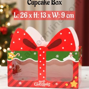 CAKE DECOR™ 3 Cavity Bow Christmas Themed Cupcake Box with Clear Window and Handle - 1 Piece Pack