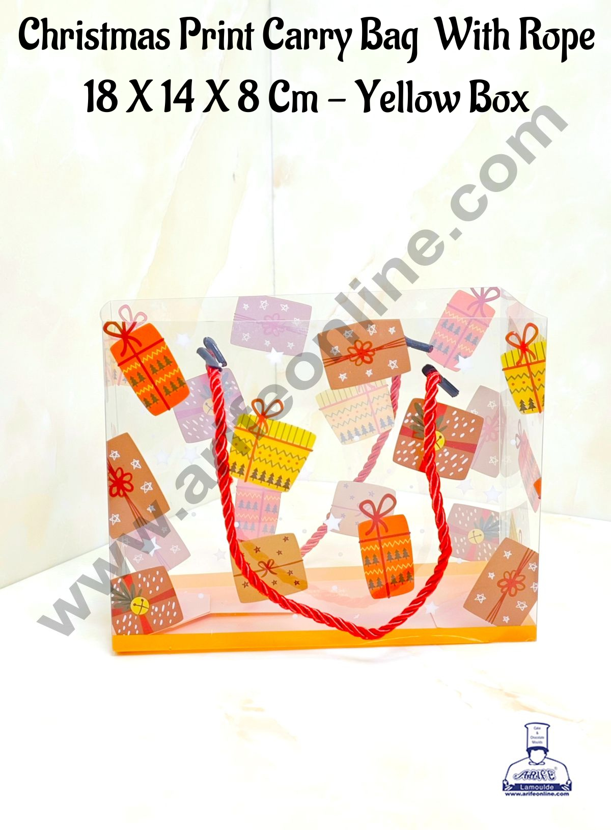 CAKE DECOR™ Christmas Print Carry Bag With Rope (18 X 14 X 8 Cm) - Yellow Box | Gift Box | Gift Bag with Handle (1 Pcs Pack)