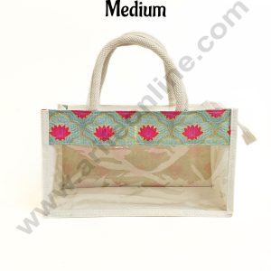 Lotus Printed With Transparent Front Jute Hamper Carry Bag - Medium - CAKE DECORβ’