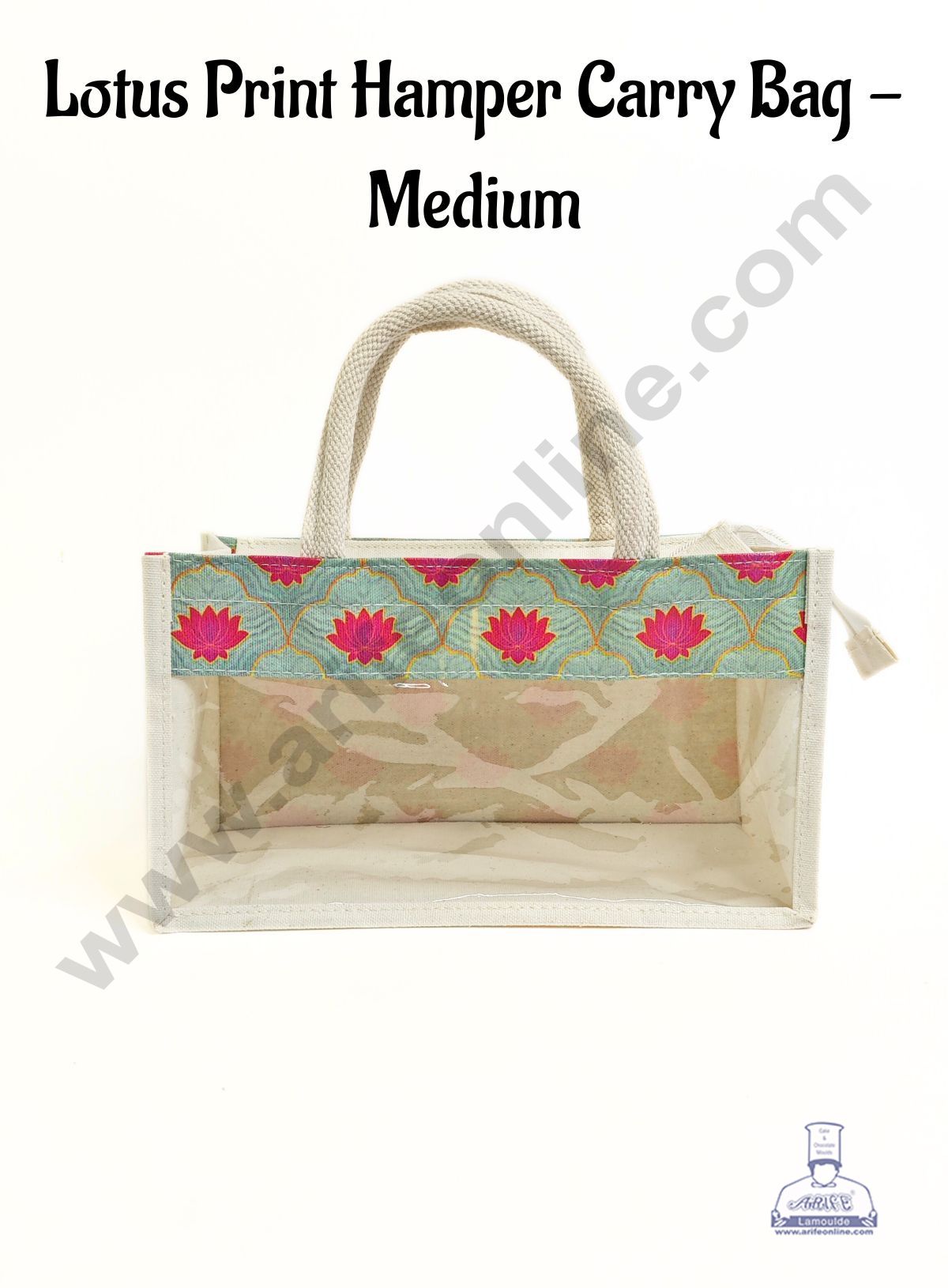 Lotus Printed With Transparent Front Jute Hamper Carry Bag - Medium - CAKE DECORβ’