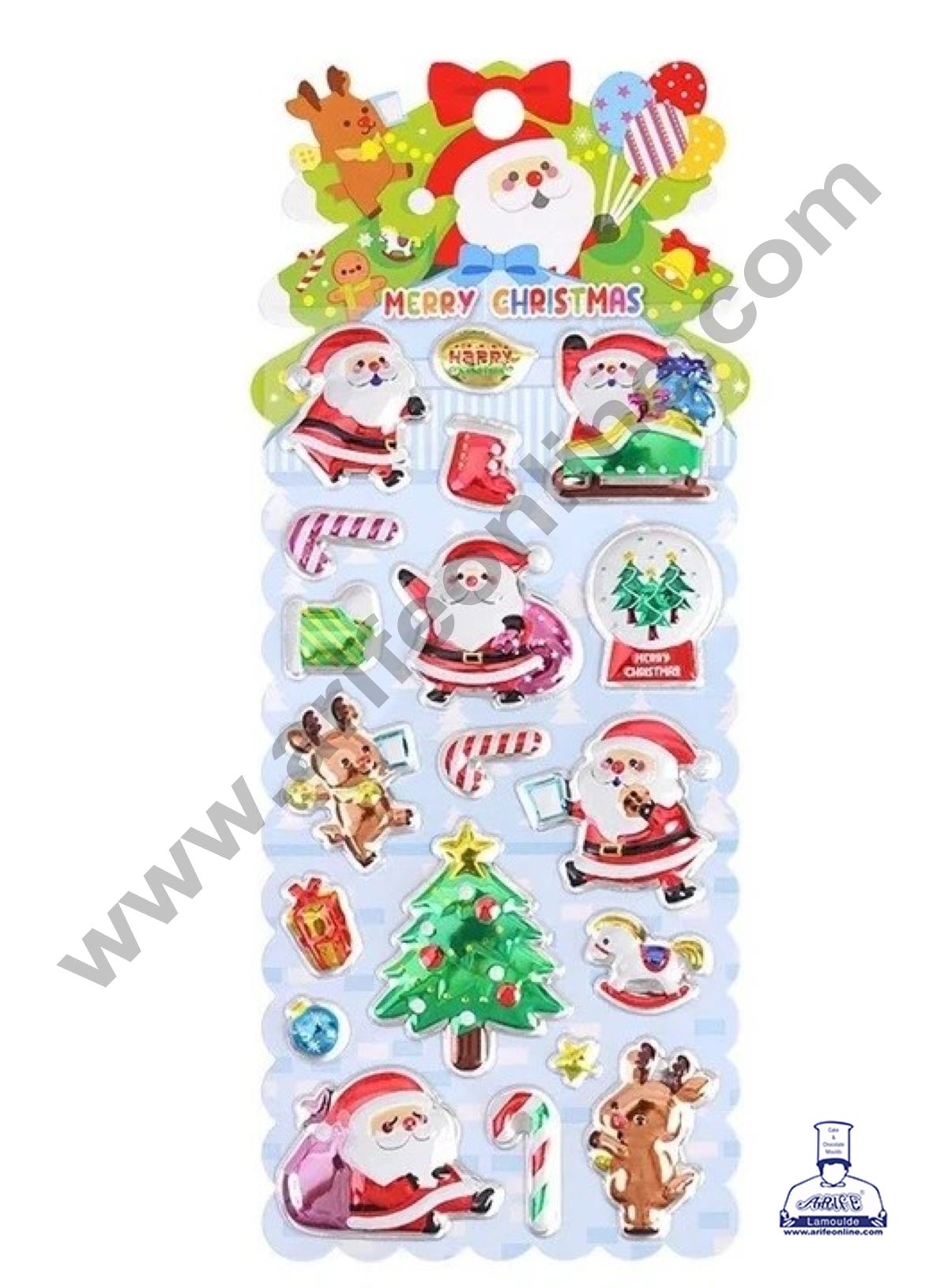 Cake Decorβ’ 3D Christmas Themed Stickers With Cute Santa Claus X-MAS Tree Reindeer with 13 Blister Stickers Fun for Kids (1 Sheet)(Design- 01)