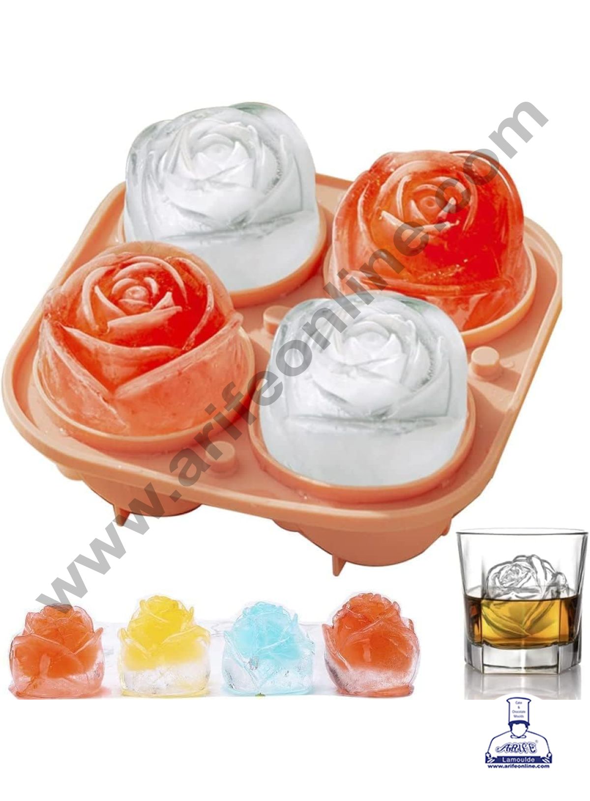 CAKE DECORβ’ 4 Cavity Rose Shape Ice Cube Tray Silicone Ice Cube Maker