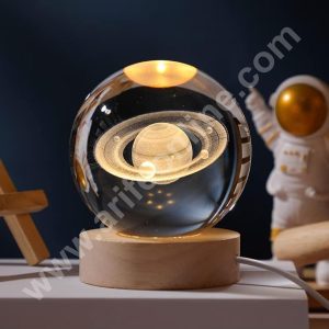 3D Saturn Crystal Ball Night Lamp | USB Table LED with Wooden Stand  | Cake Decoration