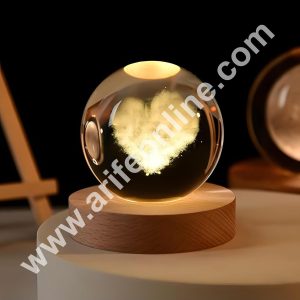 3D Crystal Heart Ball Night Lamp | USB Table LED with Wooden Stand for Home Office Christmas Decoration | Birthday Gift | Cake Decoration