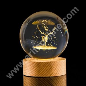 3D Reindeer Crystal Ball Night Lamp | USB Table LED with Wooden Stand for Home Office Christmas Decoration | Birthday Gift | Cake Decoration