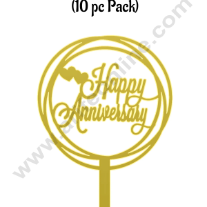 CAKE DECOR™ 3 Inch 10 pcs Golden Acrylic Cake Topper - Happy Anniversary with Round Rings and Hearts ( SBMT-3INCH-18 )