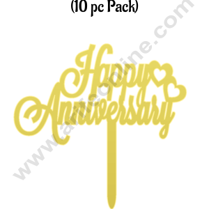 CAKE DECOR™ 3 Inch 10 pcs Golden Acrylic Cake Topper - Happy Anniversary with double Hearts( SBMT-3INCH-16 )