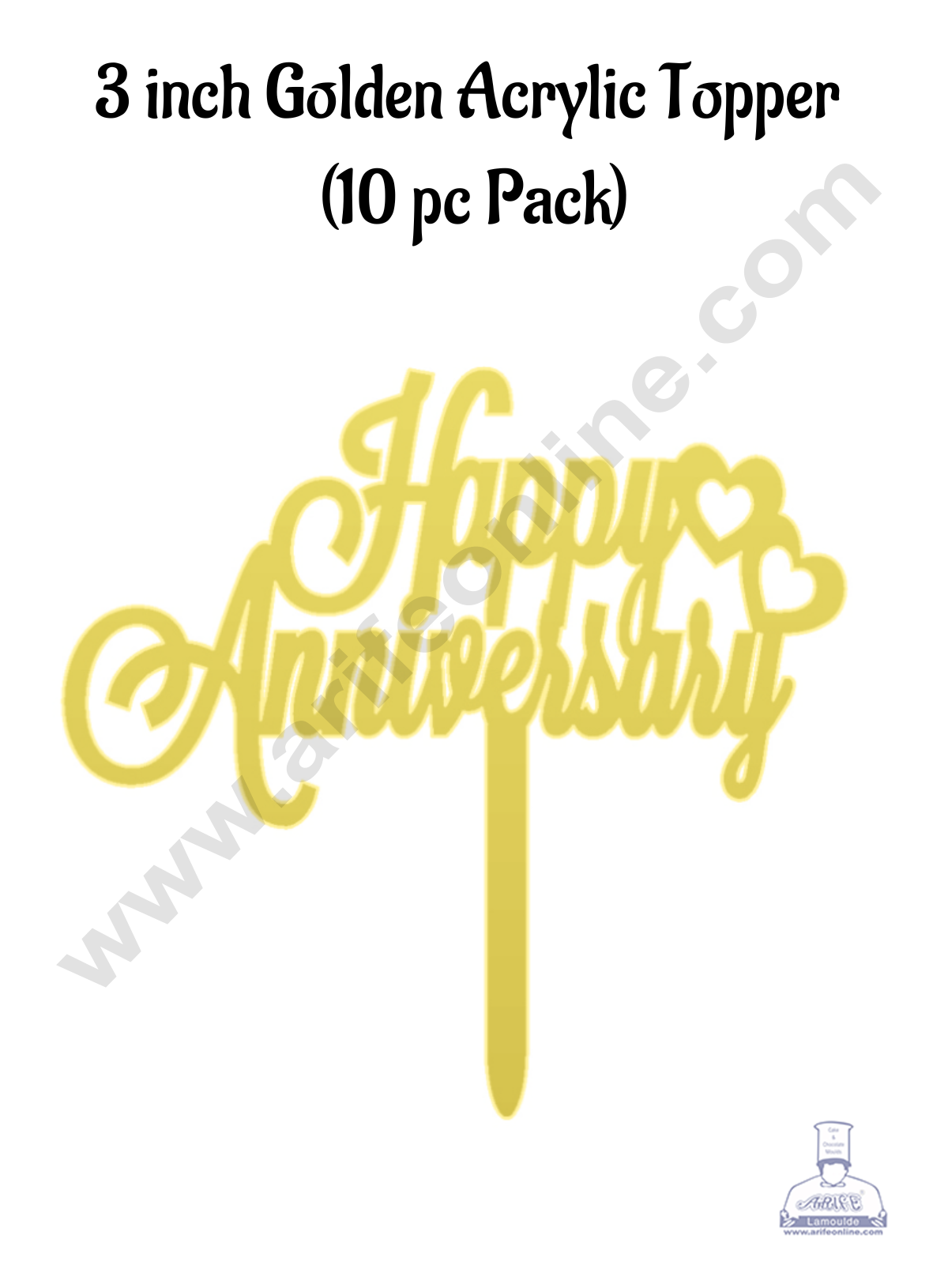 CAKE DECOR™ 3 Inch 10 pcs Golden Acrylic Cake Topper - Happy Anniversary with double Hearts( SBMT-3INCH-16 )